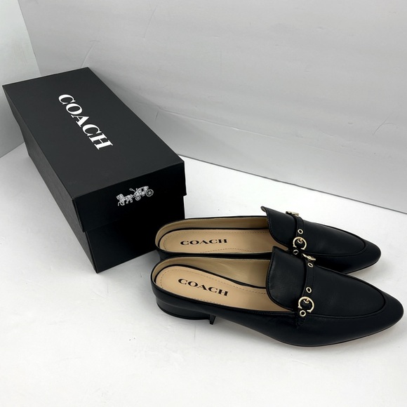 COACH BLACK ALL LEATHER IRENE MULE LOAFER EITH GOLD LOGO & HARDWARE, SIZE 7-B - Picture 16 of 16